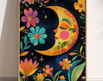 Mexican Moon Art Print: Folk Crescent Moon, Sun & Flowers - Etsy