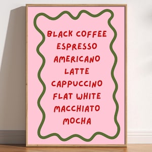 Impressão de lista de nomes de café, arte de menu de café, arte de parede colorida e divertida, impressão de café de cozinha, decoração de café, arte de cafeteria, arte moderna
