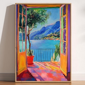 Peut inclure: Une peinture représentant une fenêtre ouverte avec vue sur un lac bleu et des montagnes. La fenêtre est peinte en jaune et violet vif, et la scène extérieure est peinte dans des couleurs vives. Une plante en pot se trouve sur le balcon.