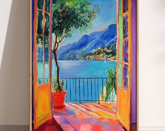 Fenêtre ouverte estampe Henri Matisse, tableau fauvisme de style Henri Matisse, estampe d'exposition moderne, portes-fenêtres Italie Méditerranée, lac de Côme