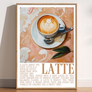 Impresión de café con leche, póster de cocina retro vintage, arte de café italiano, póster de café estético, taza de café sobre la mesa, arte de cafetería, años 70, 80 y 90