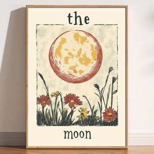Der Mond Tarot Kartendruck, mystischer himmlischer Mond und Blumen Kunst, alternative Tarotkarte, Illustration im Vintage-Stil, spirituelles Zuhause-Poster