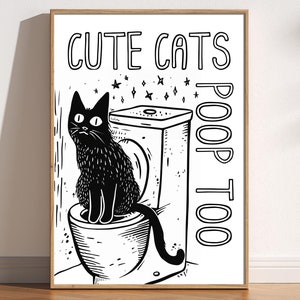 Cute Cats Poop Too Print, Funny Bathroom Poster, Bathroom Toilet Humor Decor, Fun Illustration, Retro Cartoon Print, Cat Lover Gift Wall Art
