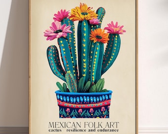 Op de afbeelding: Een kleurrijke illustratie van een cactus met roze, gele en oranje bloemen in een blauw-rode gebloemde pot. De tekst "MEXICAN FOLK ART cactus resilience and endurance" staat onder de pot.