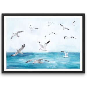 海上のカモメのプリント - 飛んでいる鳥、海岸、海辺、バスルームの壁アート、航海、ミニマリスト、水彩画プリント、海岸のホームデコレーション、