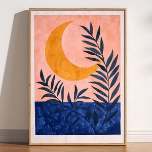 Impresión de luna de mediados de siglo, póster abstracto celestial, arte de estilo Matisse, arte botánico, arte de pared retro vintage, póster de moda colorido y atrevido