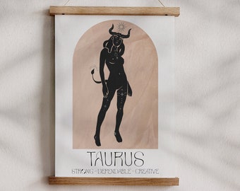 Taurus Boho Zodiac Print - Star Sign Art, Astrology Poster, Bohemian Aesthetic, Celestial, Divine Feminine Energy, Constellation Art,