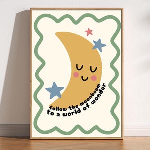 Impresión para guardería infantil Follow The Moon Beam, bonito arte de pared con luna, decoración de dormitorio retro boho para niños, ilustración infantil, arte para habitación infantil