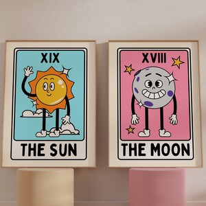 Retro Character TAROT Print Set Of 2 - The Sun The Moon Tarot Card Prints, XIX XVIII, Retro Mascot Inspired Sun And Moon, Cartoon, Funky Art