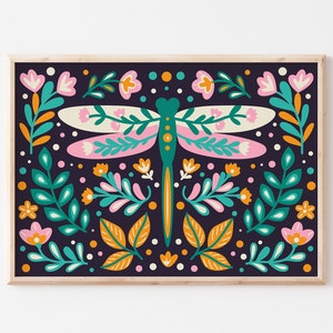 Folk Style Dragonfly Print - Scandi Enchanting Girls Bedroom Decor, Folk Nursery Poster, Nature Insects, Whimsical Art, Plants Flowers Woods