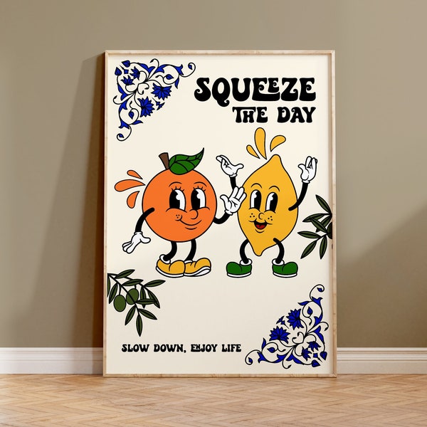 Squeeze The Day Retro Character Print - Lemon Orange Juice Retro Cartoon Mascot Print, Mediterranean Citrus Fruit, Seize The Day, Fun Poster