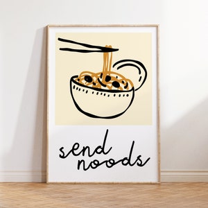 May include: A minimalist poster with a black and white illustration of a bowl of noodles with chopsticks. The text "send noodles" is written in black below the bowl.