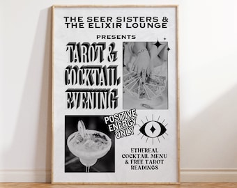 Tarot & Cocktails Newspaper Print: Retro Bar Cart Poster