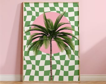 Trendy Palm Tree Print: Pink, Green Checkerboard Wall Art
