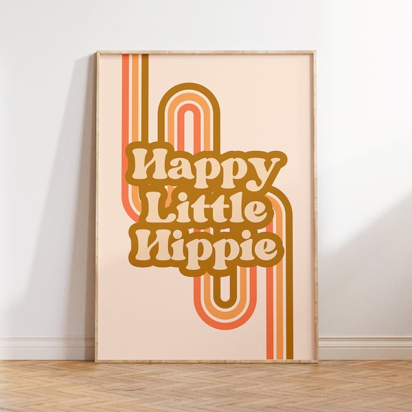 Happy Little Hippie 60s/70s Print - Retro colorido, tonos cálidos, cartel hippie, Funky Groovy Hippie Retro Rainbow Arch, arte de pared beige marrón