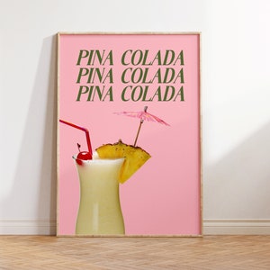 Pina Colada Pink Wandkunst - Retro Cocktail Poster, Happy Hour Tropisch Pink Küchenwandkunst, Barwagen Trendy Alkohol Print