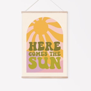 Here Comes The Sun Print - Retro Style Typography, 60s, 70s, Bright Colours, Vintage Effect, The Beatles Lyrics, Funky Wall Art, Sunburst