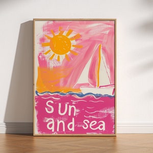 Sonne und Meer Bunter Sommerdruck, Retro Sun Poster, abstraktes modernes Sun-Dekor, trendige rosa und gelbe Sonnenkunst, Ozean-Segelboot-Sonnenschein-Kunst