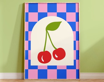 Dambordkersenprint - kersenbom, kersenbloesemkunst aan de muur, roze blauw trendy poster, jaren 90 funky gedurfde print, Reto slaapkamerposter, kleurrijke kunst