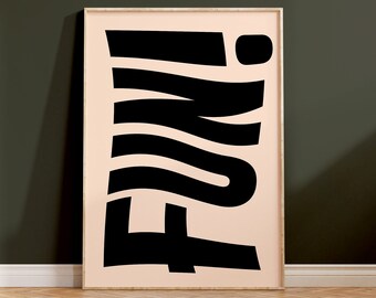 FUN! Wavy Text Print: Retro Modern Beige & Black Wall Art