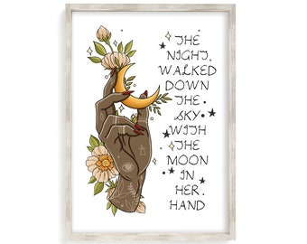 Moon In Hands Feminine Print - Female Empowerment, Celestial Print, Mystical Feminine Energy, Self Love, Female Hand, Floral, Feminism Art,