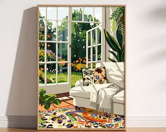 Open raam Henri Matisse-print, tentoonstelling fauvisme schilderkunst in Matisse-stijl, openslaande deuren, bloemen bloementuin, natuurtafereel, gezellig interieur