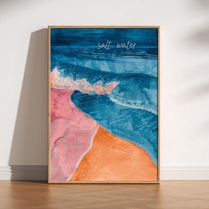 Salzwasser Abstrakte Ozeanwellen Druck, Entspannte Strand Küsten Stimmung, Surfer Schwimmer, Reise Poster, Bold Bunt, Ruhig Boho Sommer Kunst