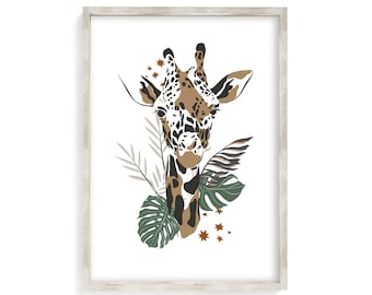 Jungle Giraffe Print - Tropical Giraffe, Botanical Animal print, Tropical Leaves, Wild Child, Wild Animal, Safari Bedroom, Boho Wall Art