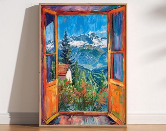 Op de afbeelding: Een schilderij van een raam met uitzicht op een bergketen. Het raam staat open en het uitzicht is op een groene vallei met een klein huis in de verte. De bergen zijn met sneeuw bedekt en de lucht is blauw.