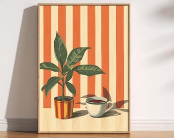 Retro Coffee Print, Retro Cafe, Coffee Art, Warm Stripes, Food Drink Kitchen Poster, Dining Room Art, Coffee Lover Gift, Plants, Minimalist