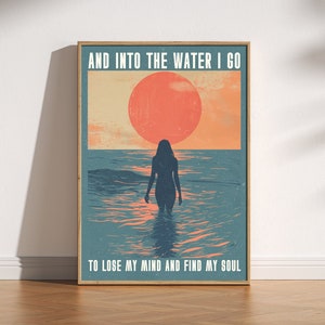 Impresión "Entro al agua", póster relajante de estilo retro vintage, arte para amantes del océano, regalo de viaje para nadar, arte espiritual, sol, impresión de mente y alma
