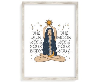 Feminine Sun and Moon Print - Female Celestial Print, Feminism Print, Girl Power, Moon Print, Body and Soul, Mystical Female Energy, A4, A3