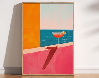 Abstract Minimalist Retro Cocktail And Ocean Print, Modern Summer Decor, Trendy Blue Orange Pink Bold Colourful, Contemporary Aesthetic Art
