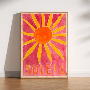 Impression d'été colorée Soleil, affiche soleil rétro, décoration soleil moderne abstraite, art soleil rose et jaune tendance, art esthétique contemporain bohème