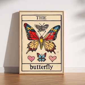 La impresión de la carta del tarot de la mariposa, arte místico de la naturaleza celestial, carta del tarot alternativa divertida, ilustración de estilo vintage, cartel espiritual casero