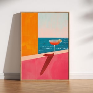 Impresión abstracta minimalista retro de cócteles y océano, decoración de verano moderna, arte estético contemporáneo de colores llamativos, azul, naranja y rosa