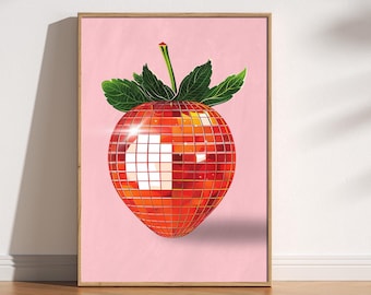 Grafika artystyczna „Disco Strawberry”: Glamour w stylu lat 70. w kuchni