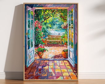 Open raam Henri Matisse-afdruk, Henri Matisse-stijl fauvisme schilderij, moderne tentoonstellingsafdruk, openslaande deuren romantische bloemen terras meer