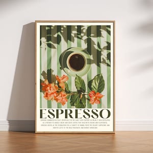 Impresión de café expreso, póster de cocina retro vintage, arte de café italiano, póster de café estético, taza de café sobre la mesa, arte de cafetería, años 70, 80 y 90