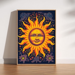 May include: A psychedelic sun with a human face and a golden halo surrounded by stars and flowers on a dark blue background.