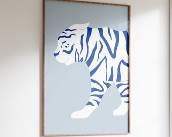 Blue Tiger Wall Art Print - Abstract Tiger, Aesthetic Tiger, Minimalist Tiger, Jungle Tropical Bold Abstract Colourful Tiger, Retro Style