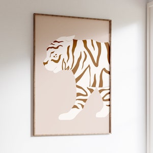 Impresión de pared de tigre beige y marrón de los años 70: tigre abstracto, tigre estético, tigre minimalista, tigre colorido abstracto atrevido de la jungla tropical, retro