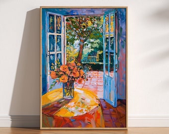 Open raam Henri Matisse-afdruk, Henri Matisse-stijl fauvisme schilderij, moderne tentoonstellingsafdruk, openslaande deuren terras, eettafel bloemen