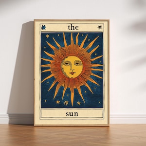 Impression de carte de tarot soleil, art mystique du soleil céleste, carte de tarot alternative amusante, illustration de style vintage, affiche spirituelle maison