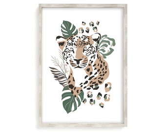 Jungle Leopard Print - Tropical Leopard, Botanical Animal print, Tropical Leaves, Wild Child, Wild Animal, Safari Bedroom, Boho Wall Art