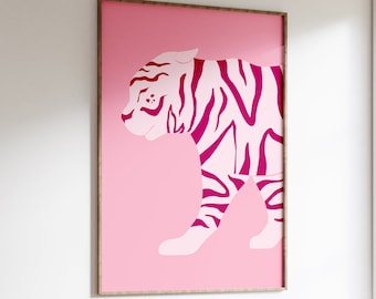 Pink Tiger Wall Art Print - Abstract Tiger, Aesthetic Tiger, Minimalist Tiger, Jungle Tropical Bold Abstract Colourful Tiger, Retro Style