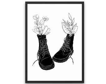 Boots With Flowers Print - Grunge Art, Badass, Rock n Roll, Female Power, Doc Marten Inspired, Line Art Flowers, Alternative Fashion, Home