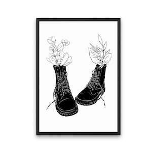 Kwiatowe buty, grafika liniowa: wystrój domu w stylu grunge