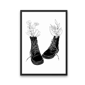 Boots With Flowers Print - Grunge Art, Badass, Rock n Roll, Female Power, Doc Marten Inspired, Line Art Flowers, Alternative Fashion, Home