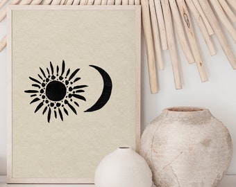 Bohemian Sun And Moon Print - The Sun, The Moon, Imperfect, Minimalist, Beige and Black, Abstract Home Print, Natural Earthy, Celestial Art